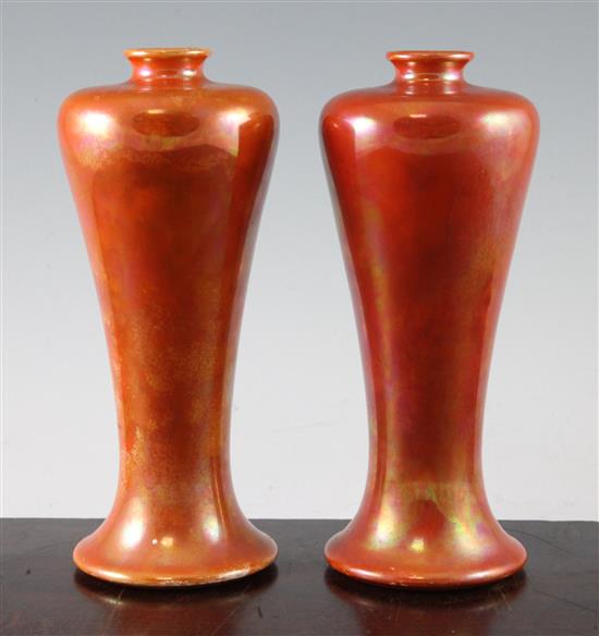 Pair of Ruskin orange lustre meiping shaped vases, c.1920(-)